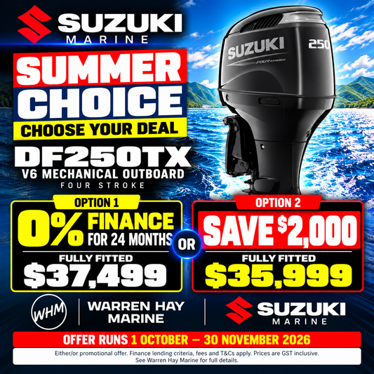 Suzuki DF250TX 250hp V6 mechanical four-stroke outboard – fully fitted Summer Choice deal at Warren Hay Marine.