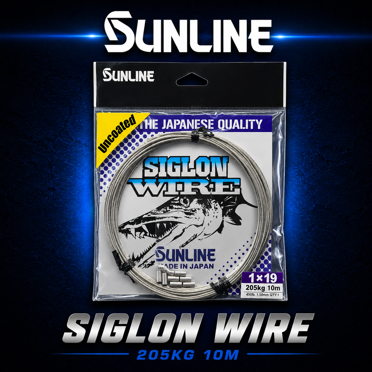 Sunline Siglon Wire 205kg 10m 1x19 stainless steel fishing wire leader with crimps for game fishing and trolling rigs.