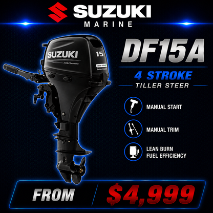 Suzuki DF15a fourstroke tiller steer outboard engine, Warren Hay Marine, Whangarei