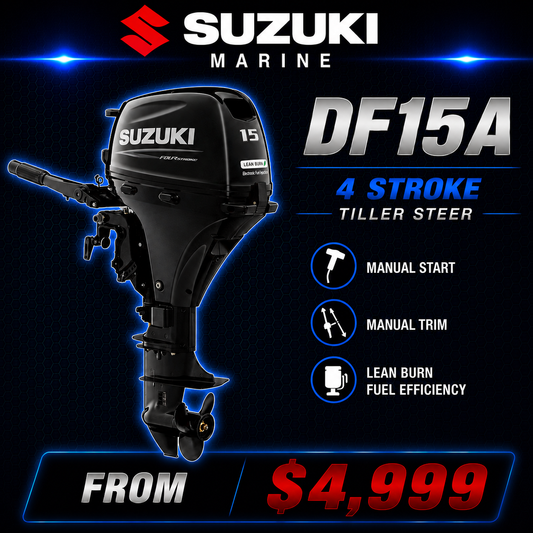 Suzuki DF15a fourstroke tiller steer outboard engine, Warren Hay Marine, Whangarei
