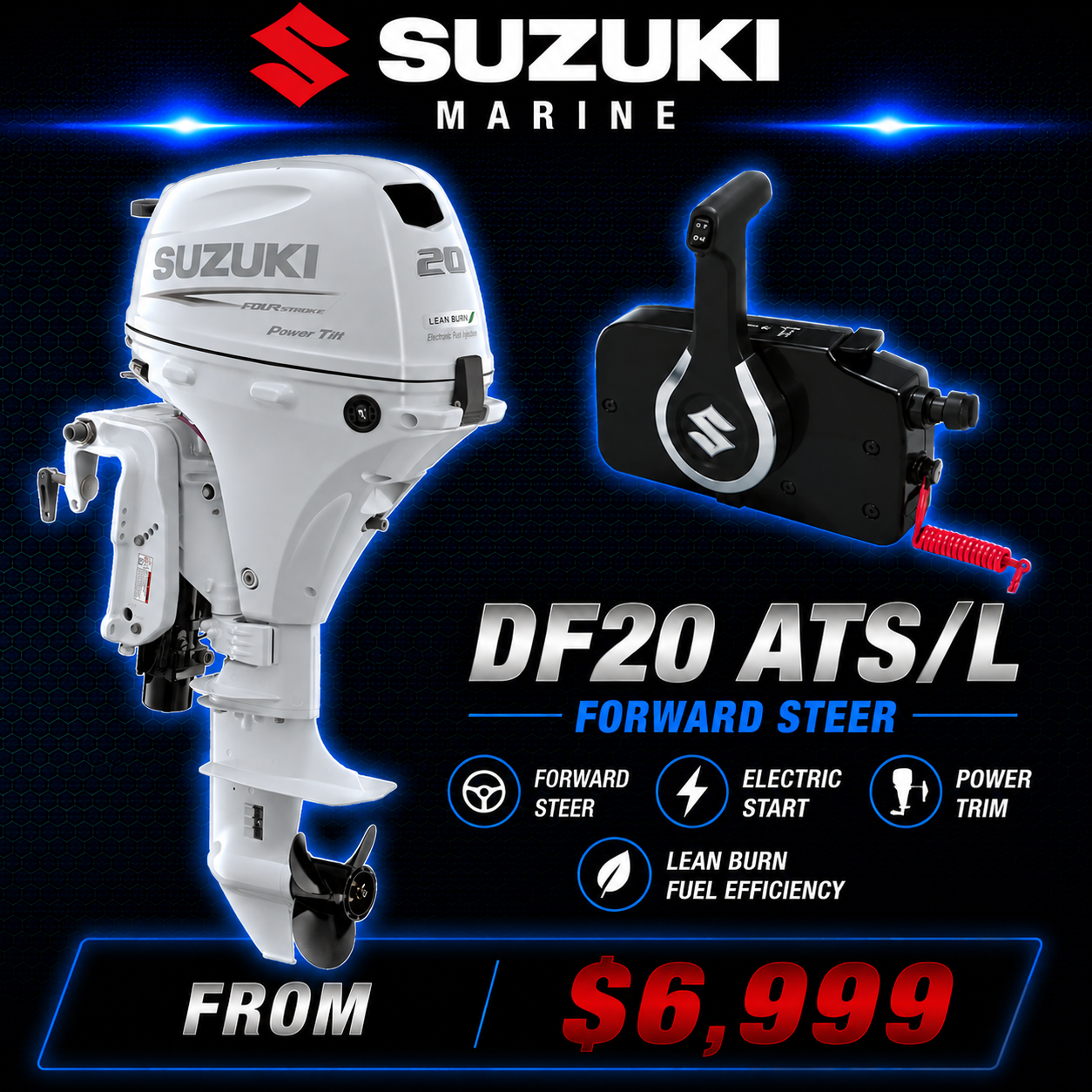 Suzuki DF20ATS/L 20hp four-stroke outboard with forward steer remote control, electric start and power trim, Warren Hay Marine