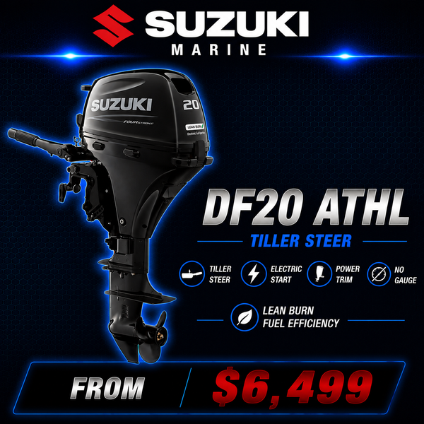 Suzuki DF20ATHL 20hp four-stroke outboard with tiller steer, electric start and power trim, Warren Hay Marine