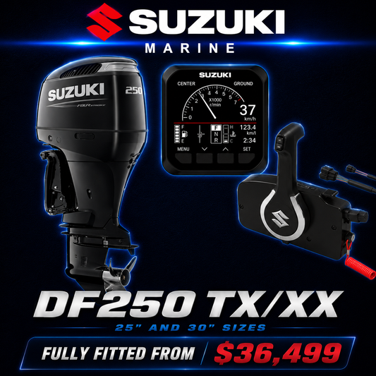 Suzuki DF250 TX/XX 250hp outboard package with Suzuki multi-function gauge and mechanical remote control. Fully fitted from $36,499. Available in 25-inch and 30-inch shaft lengths.