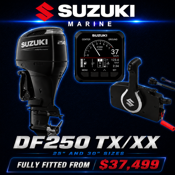 Suzuki DF250TX/XX 250HP V6 mechanical four-stroke outboard with multi-function gauge, mechanical remote control, and 25" or 30" shaft options, available at Warren Hay Marine, Whangārei, New Zealand.