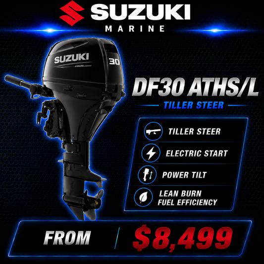 Suzuki DF30ATHS/L 30hp four-stroke outboard motor with tiller steer, electric start and power tilt, pricing from $8,499.