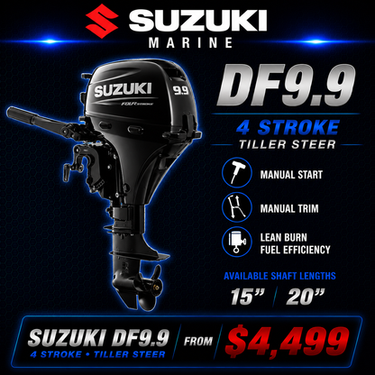Suzuki DF9.9 four-stroke tiller steer outboard motor, feature highlights including 4 Stroke, Tiller Steer, Manual Start, Manual Trim and Lean Burn Fuel Efficiency, with available 15" and 20" shaft lengths, Warren Hay Marine, Whangarei