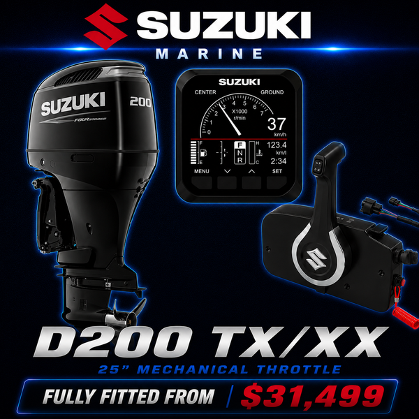 Suzuki DF200TX V6 200HP mechanical four-stroke outboard with multi-function digital gauge, mechanical remote control, and 25" extra-long shaft, available at Warren Hay Marine, Whangārei, New Zealand.