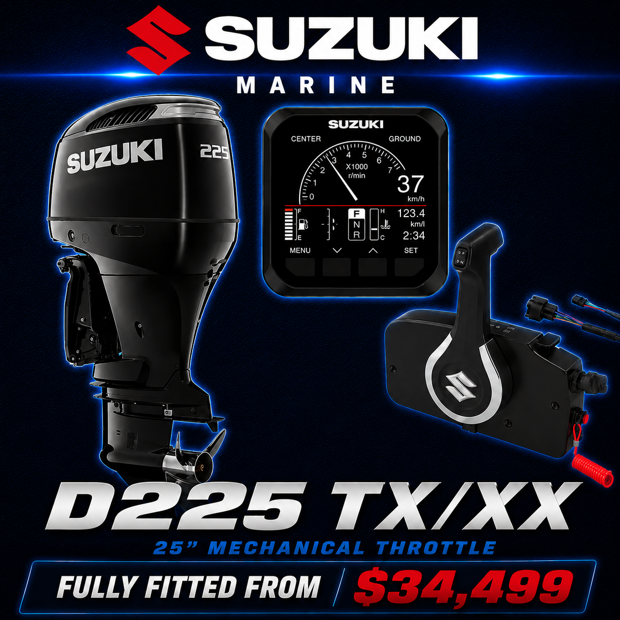 Suzuki DF225TX V6 225HP mechanical four-stroke outboard with multi-function gauge, mechanical remote control, and 25" or 30" shaft options, available at Warren Hay Marine, Whangārei, New Zealand.