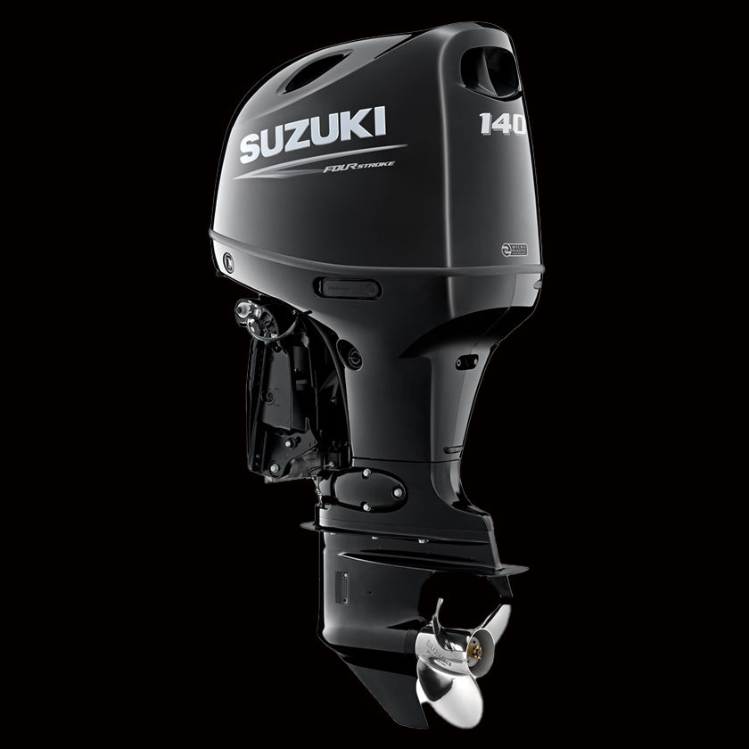 Suzuki DF140BTL 140HP 4-stroke outboard motor with EFI and power trim, displayed at Warren Hay Marine in Whangārei