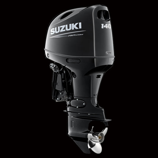 Suzuki DF140BTL 140HP 4-stroke outboard motor with EFI and power trim, displayed at Warren Hay Marine in Whangārei