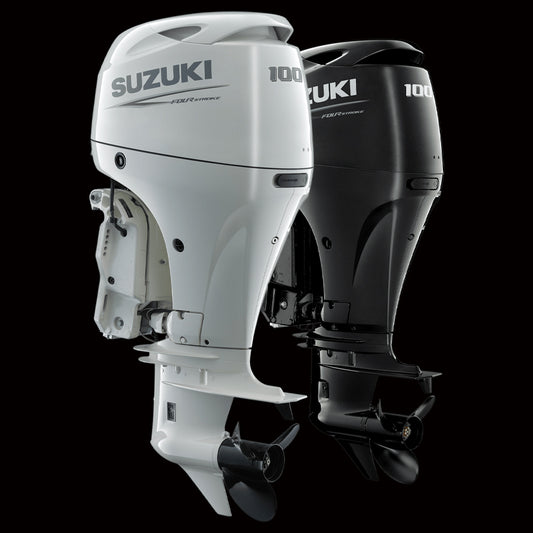 Suzuki F100BTL 100HP 4-stroke outboard motor with EFI and power trim, mounted on a boat, available at Warren Hay Marine in Whangārei
