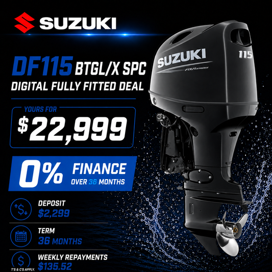 Suzuki DF115 SPC digital Outboard, 0% Finance offer, Warren Hay Marine, Whangarei