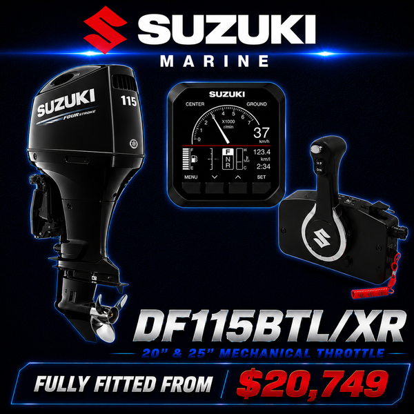 Suzuki DF115BTL/XR 115HP mechanical four-stroke outboard with multi-function digital gauge, mechanical side-mount remote control, and 20" or 25" shaft options, available at Warren Hay Marine, Whangārei, New Zealand.