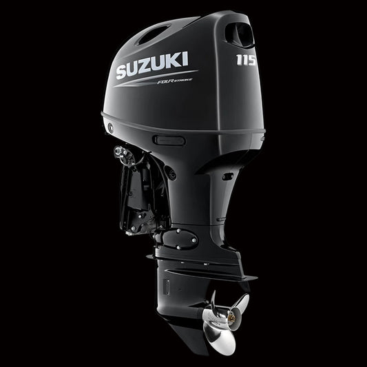 Suzuki DF115BTL 115HP 4-stroke outboard motor with EFI and power trim, displayed at Warren Hay Marine in Whangārei