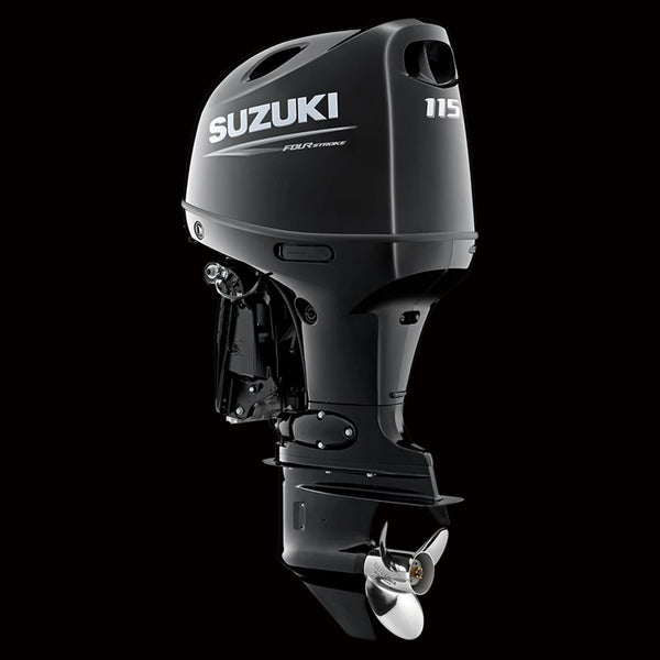 Suzuki DF115BTL 115HP 4-stroke outboard motor with EFI and power trim, displayed at Warren Hay Marine in Whangārei