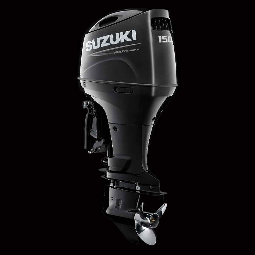 Suzuki DF150APX 150HP 4-stroke outboard motor with 30-inch shaft, digital controls, and fuel-efficient Lean Burn Technology—available at Warren Hay Marine, Whangārei.