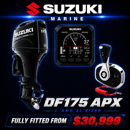 Suzuki DF175APX 175HP digital four-stroke outboard with Suzuki Precision Control (digital throttle and shift), digital gauge, remote controls, and 20" or 25" shaft options, available at Warren Hay Marine, Whangārei, New Zealand.