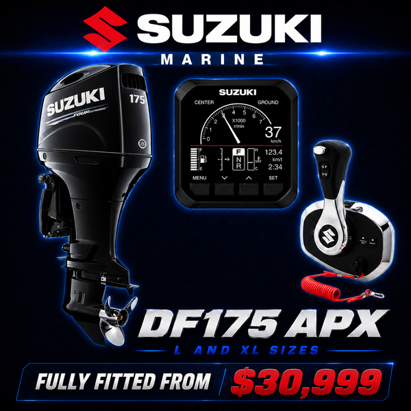 Suzuki DF175APX 175HP digital four-stroke outboard with Suzuki Precision Control (digital throttle and shift), digital gauge, remote controls, and 20" or 25" shaft options, available at Warren Hay Marine, Whangārei, New Zealand.