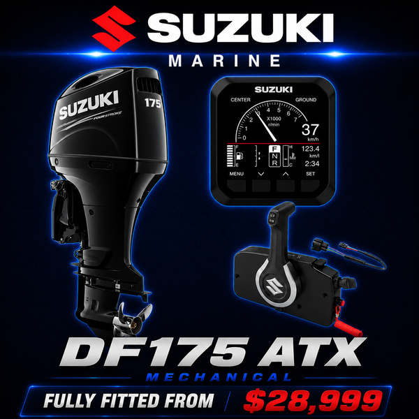 Suzuki DF175ATX 175HP inline four-cylinder mechanical four-stroke outboard with multi-function digital gauge, mechanical remote control, and 25" extra-long shaft, available at Warren Hay Marine, Whangārei, New Zealand.