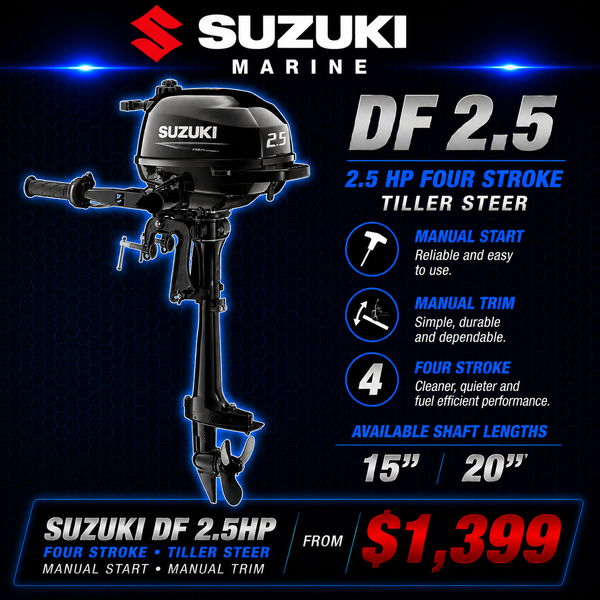 Suzuki DF2.5 Fourstroke outboard. Manual start, manual trim. Warren Hay Marine, Whangarei 