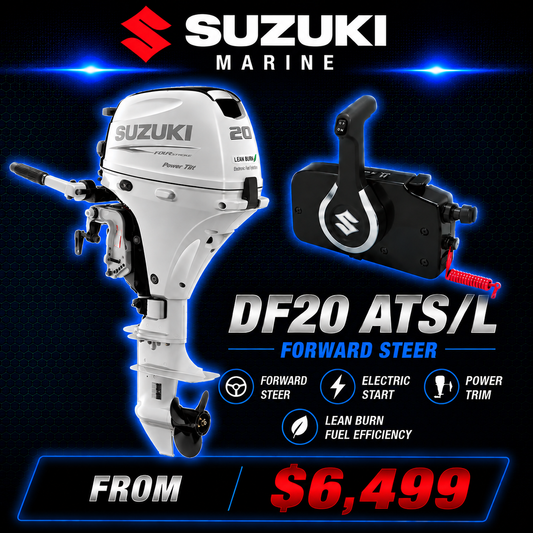 Suzuki DF20 ATS/L 20HP four-stroke forward steer outboard with electric start, power trim and controls, from $6,499 at Warren Hay Marine.