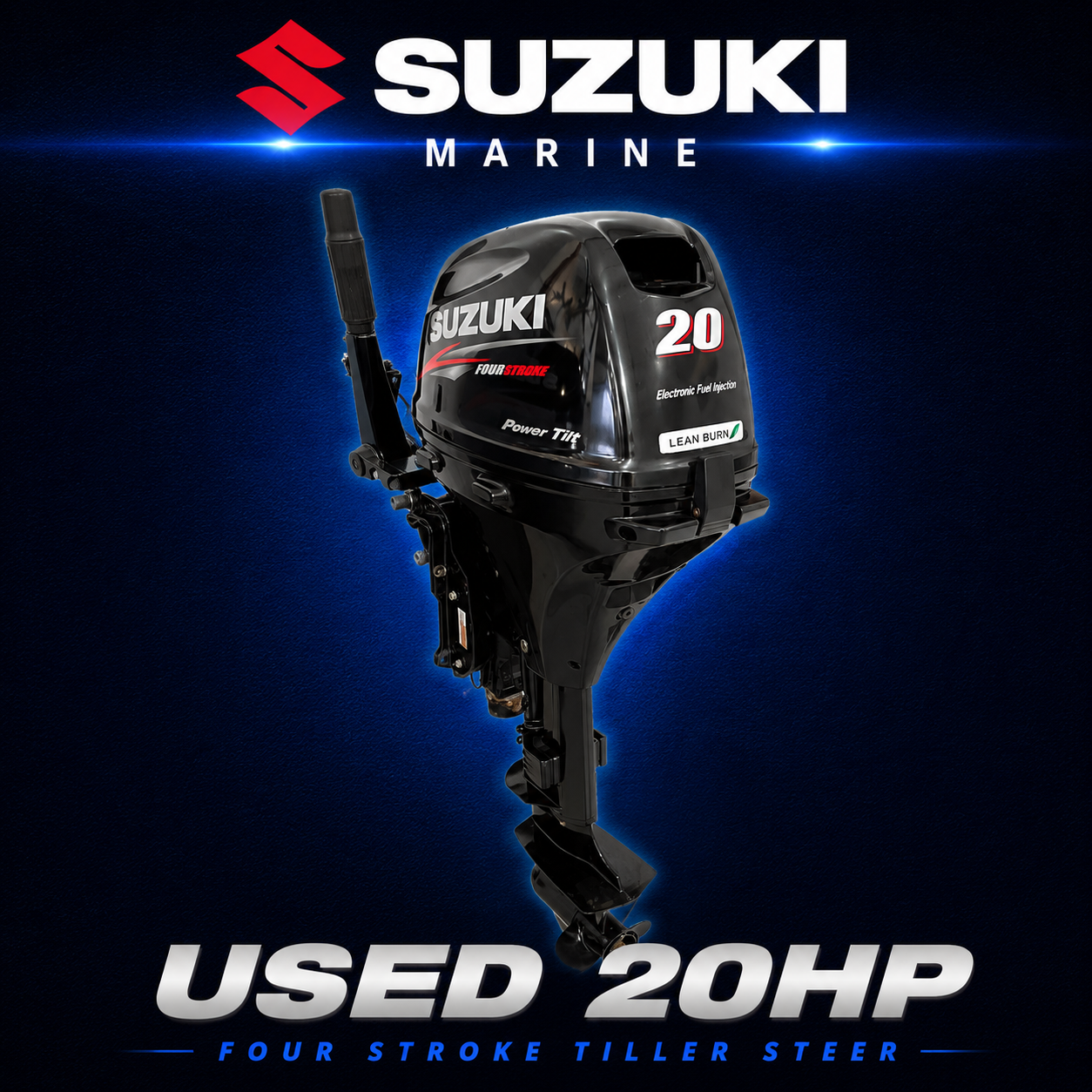 Used Suzuki 20hp Four Stroke EFI tiller steer outboard motor with power tilt at Warren Hay Marine