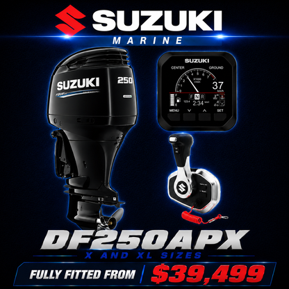 Suzuki DF250APX digital 250HP outboard motor with Suzuki Precision Control digital throttle and shift, 25" or 30" shaft options, displayed at Warren Hay Marine, Whangārei, New Zealand