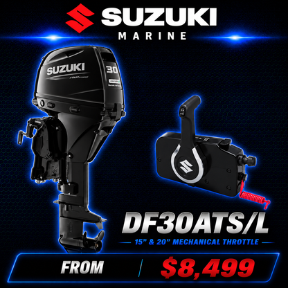 Suzuki DF30ATS/L 30HP four-stroke outboard with mechanical throttle control, 15 and 20 inch shaft options, from $8499 at Warren Hay Marine.