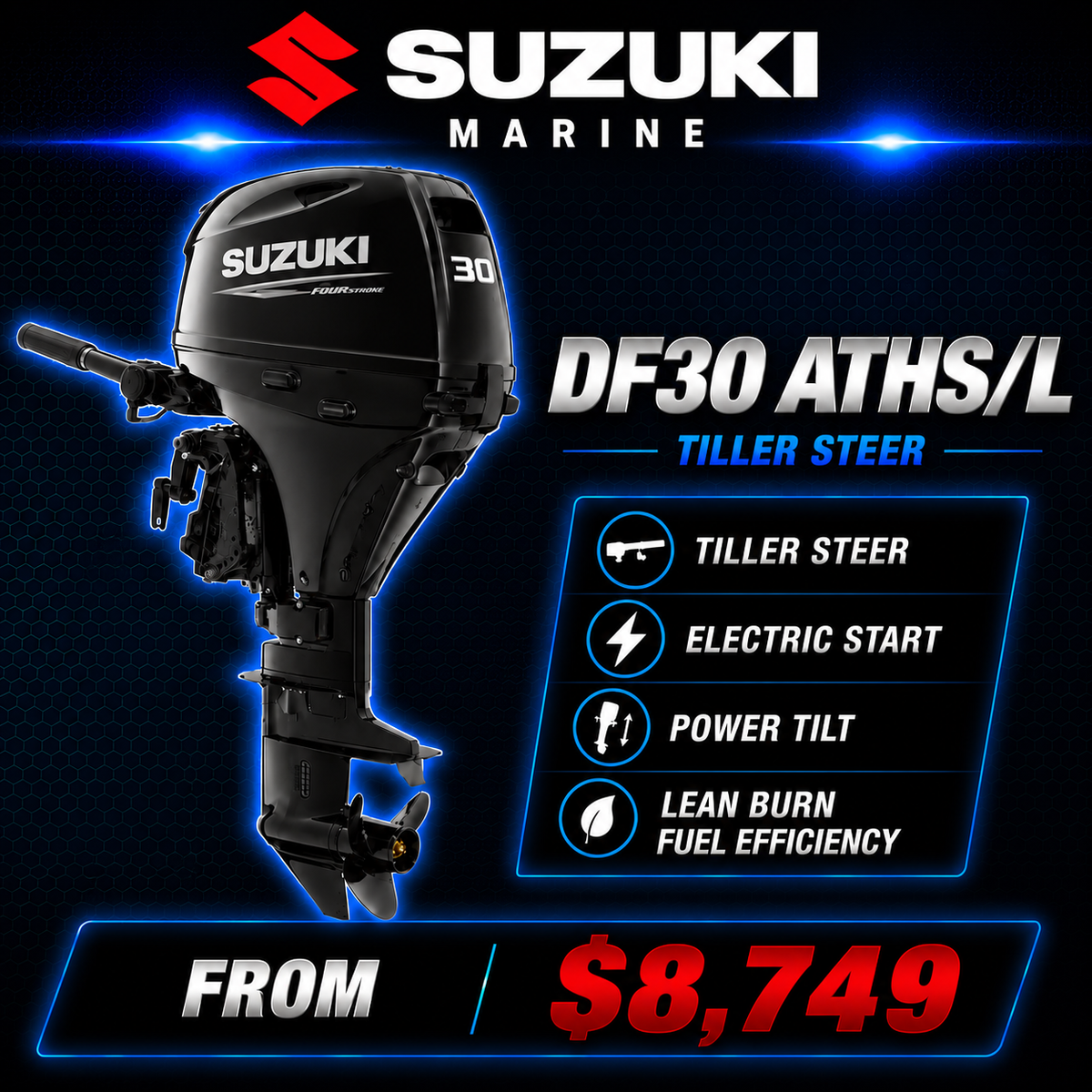 Suzuki DF30ATHS/L 30hp four-stroke outboard motor with tiller steer, electric start and power tilt, pricing from $8,499.