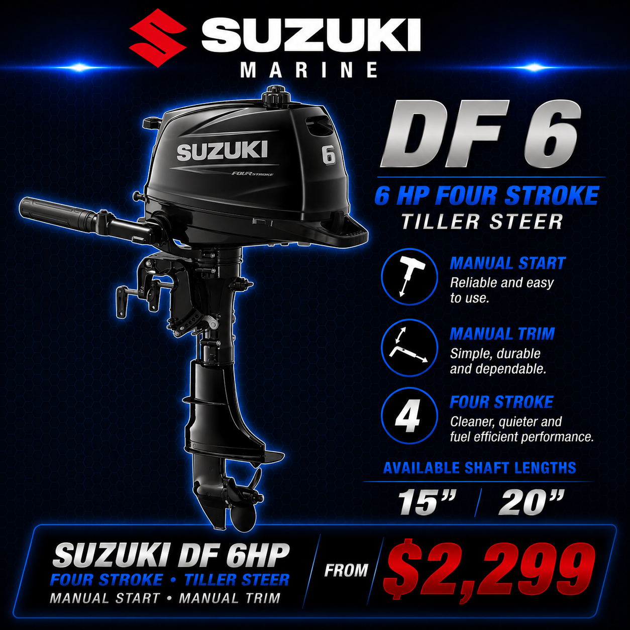 Suzuki DF6, manual start, Manual Trim, four stroke outboard, available in 15 and 20", Warren Hay Marine, Whangarei 