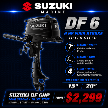 Suzuki DF6, manual start, Manual Trim, four stroke outboard, available in 15 and 20", Warren Hay Marine, Whangarei 