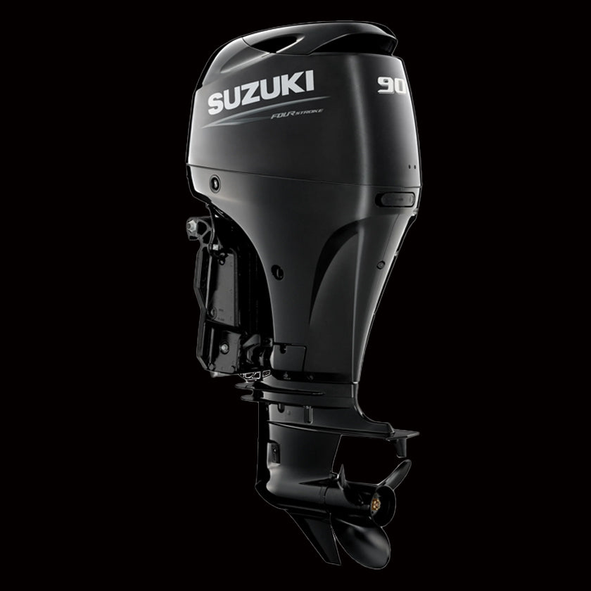 Suzuki DF90ATL 90HP 4-stroke outboard motor with electronic fuel injection and power trim, on display at Warren Hay Marine in Whangārei