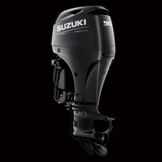 Suzuki DF90ATL 90HP 4-stroke outboard motor with electronic fuel injection and power trim, on display at Warren Hay Marine in Whangārei
