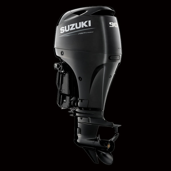 Suzuki DF90ATL 90HP 4-stroke outboard motor with electronic fuel injection and power trim, on display at Warren Hay Marine in Whangārei