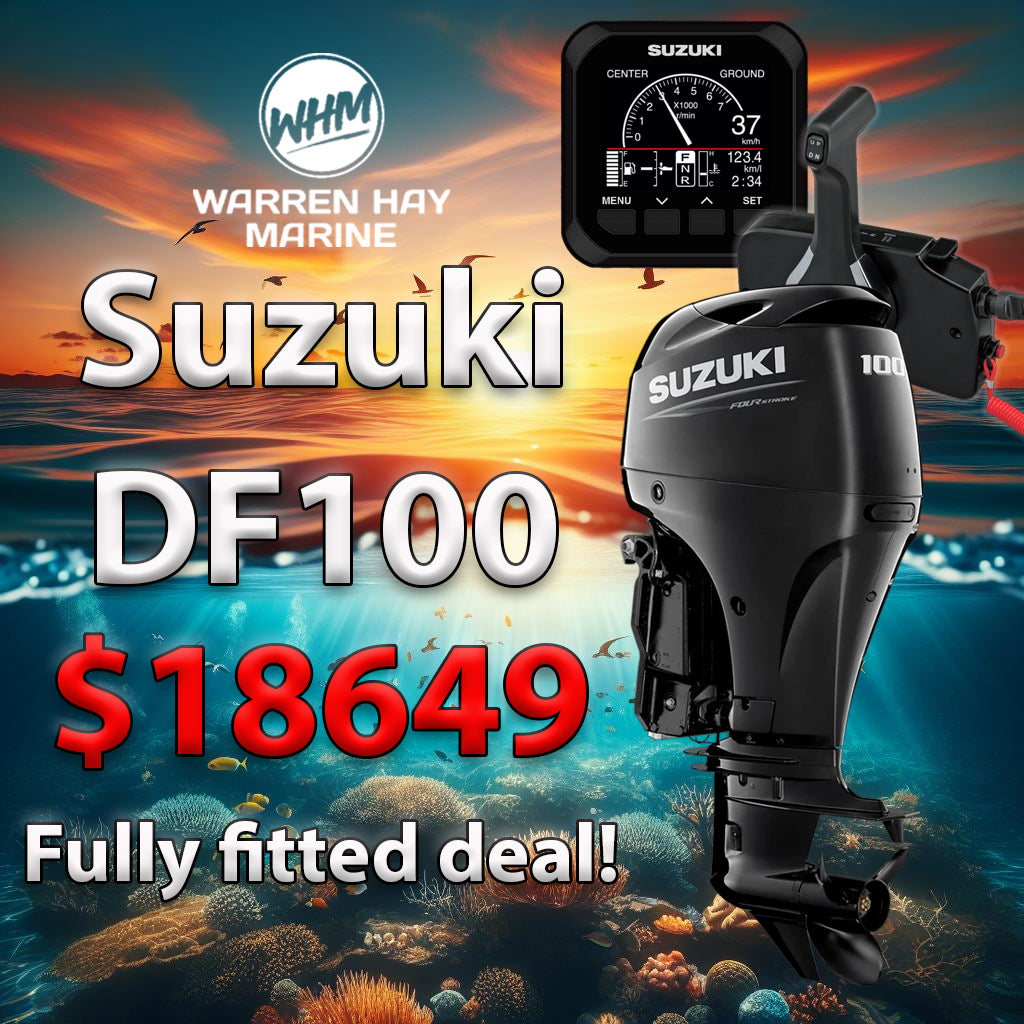 Suzuki DF100 100hp 4-stroke outboard fully fitted at Warren Hay Marine Whangarei – UDC finance available