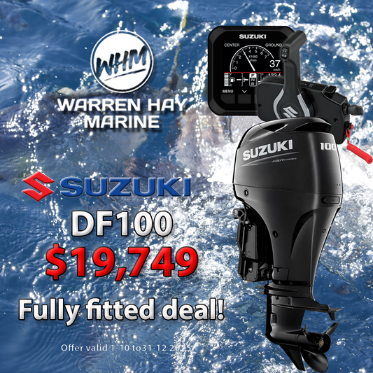 Suzuki DF100 Fully Fitted Deal – 100hp four-stroke outboard motor professionally installed with 7-year warranty and finance options available.