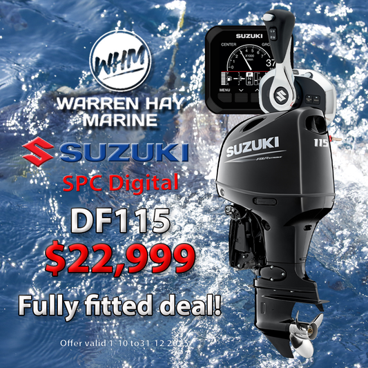 Upgrade your boat with the Suzuki DF115 SPC Digital, Fully Fitted Deal. 115hp four-stroke power with Suzuki Precision Control, expert installation, 7-year warranty, and flexible finance options. Offer valid until 31 Dec 2025.