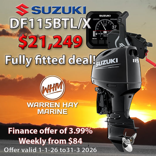 Suzuki DF115 outboard motor fully fitted to boat with controls, gauge, and propeller installed