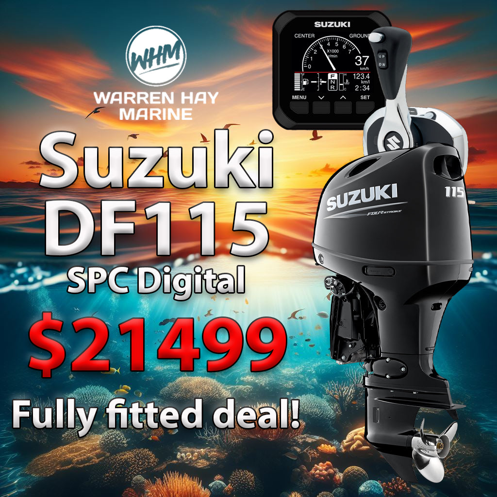 Suzuki DF115BT SPC digital 115hp outboard fully fitted at Warren Hay Marine Whangarei with UDC no-deposit finance.