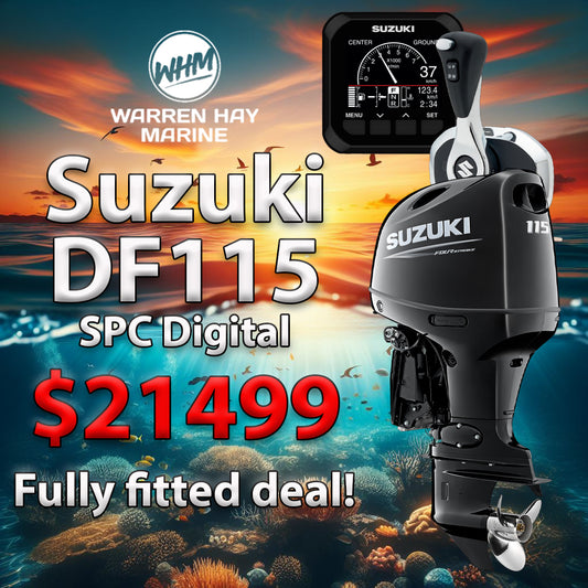 Suzuki DF115BT SPC digital 115hp outboard fully fitted at Warren Hay Marine Whangarei with UDC no-deposit finance.