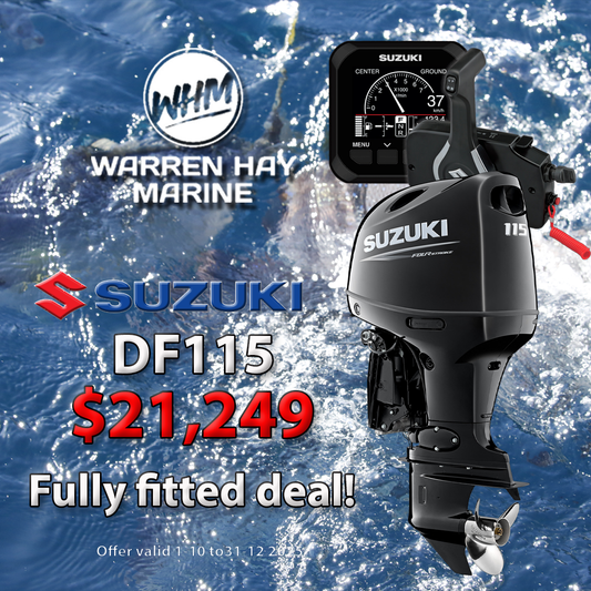 Suzuki DF115 Fully Fitted Deal – 115hp four-stroke outboard motor professionally installed with 7-year warranty and finance options available.
