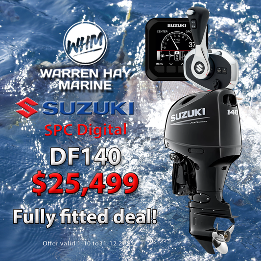Suzuki DF140 SPC Digital Fully Fitted Deal – 140hp four-stroke outboard with digital Suzuki Precision Control, professionally installed, 7-year warranty, and finance options.
