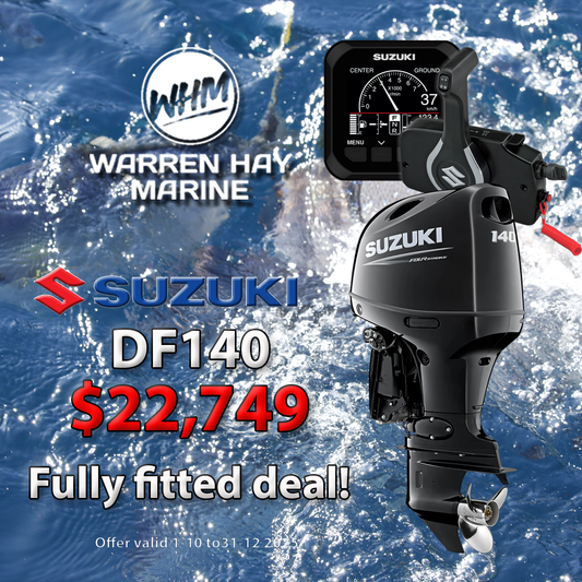 Suzuki DF140 Fully Fitted Deal – 140hp four-stroke outboard motor professionally installed with 7-year warranty and finance options available.
