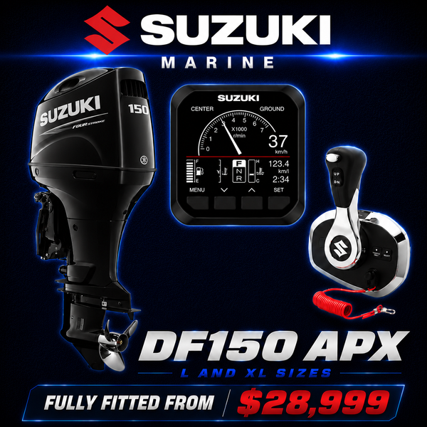Suzuki DF150APX 150HP digital four-stroke outboard with Suzuki Precision Control (fly-by-wire), digital gauge, flush-mount remote control, and 30" X-long shaft, available at Warren Hay Marine, Whangārei, New Zealand.