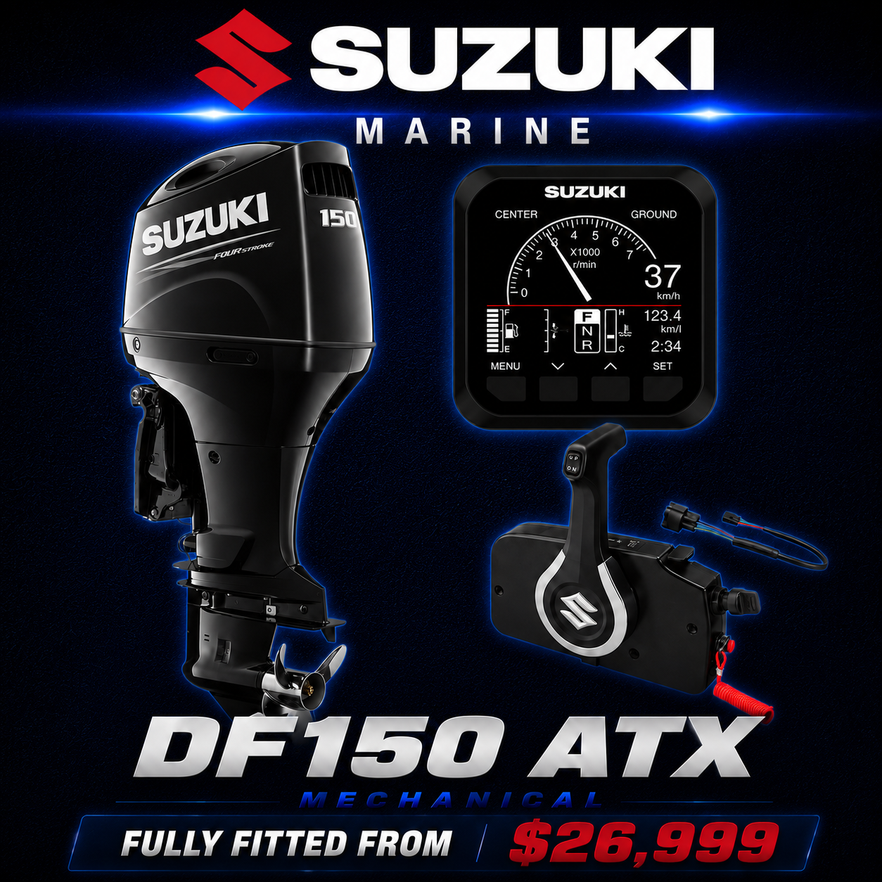 Suzuki DF150ATX 150HP inline four-cylinder mechanical four-stroke outboard with multi-function digital gauge, mechanical remote control, and 25" extra-long shaft, available at Warren Hay Marine, Whangārei, New Zealand.