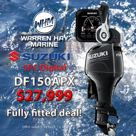 Suzuki DF150APX Digital Fully Fitted Deal – 150hp four-stroke outboard with digital Suzuki Precision Control, professionally installed, includes 7-year warranty and finance options.