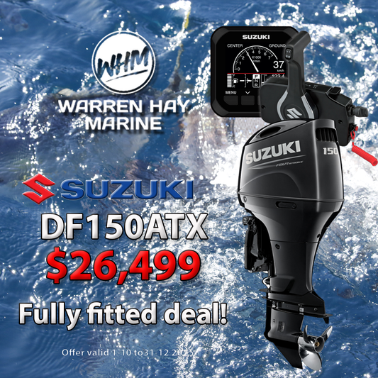 Suzuki DF150 Fully Fitted Deal – 150hp four-stroke outboard motor professionally installed with 7-year warranty and finance options available.