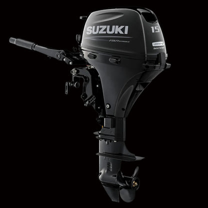 Suzuki DF15ALS 4-stroke 15HP long shaft outboard motor, fuel-efficient and reliable, available at Warren Hay Marine Whangārei

