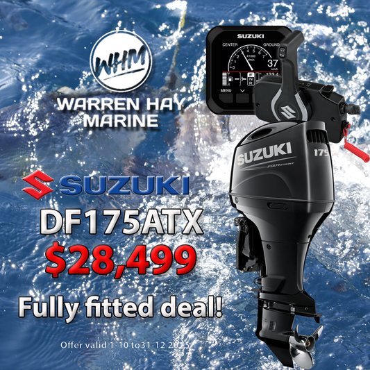 Suzuki DF175 Fully Fitted Deal – 175hp four-stroke outboard motor professionally installed with 7-year warranty and finance options available.