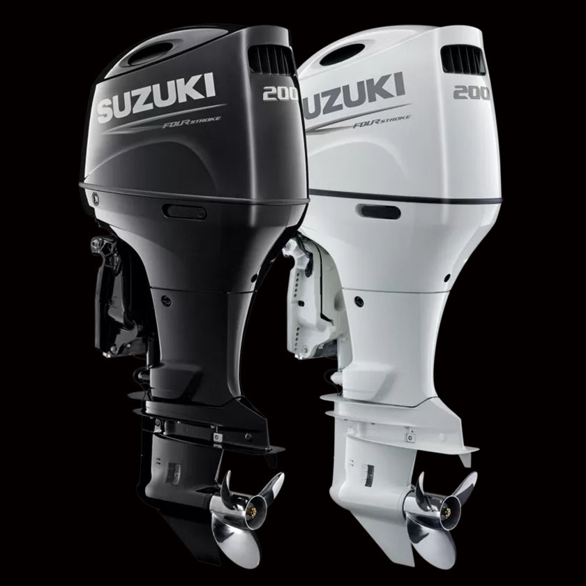 Suzuki DF200APX L/XL 200HP 4-stroke outboard engine with digital controls and Lean Burn Technology, available in 20" and 25" shaft options at Warren Hay Marine, Whangārei.